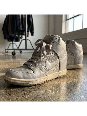 Nike Sky High Dunk Wedge Silver Glitter Disco Ball Womens Size 10 US Sparkle